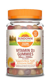 Витамин D sundown Naturals Vitamin D3 Gummies Витамин D3 без глютена 50 мкг 2000 МЕ 90 мармеладок со вкусом клубники, лимона и апельсина