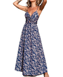 CUPSHE women's Blue Floral Sweetheart Twist & Keyhole Maxi Beach Dress