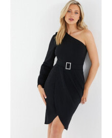 QUIZ women's Black One Shoulder Buckle Detail Mini Dress