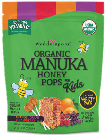 Витамины и БАДы для детей Wedderspoon Organic Manuka Honey Pops Леденцы для детей из натурального меда манука 24 леденца со вкусом апельсина, винограда и клубники