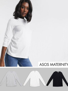 ASOS DESIGN Maternity – Ultimate – 3er-Sparpack langärmlige Shirts mit Rundhalsausschnitt in Grau - GREY