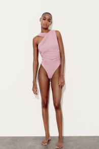 Asymmetric draped tulle bodysuit