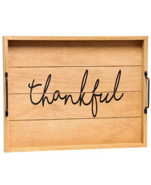 Decorative Wood Serving Tray with Handles - Thankful