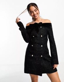 Miss Selfridge bardot boucle mini dress with velvet trim in black купить в интернет-магазине