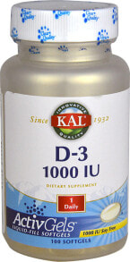 Витамин D KAL D-3 -- 1000 IU - 100 Softgels  Витамин  D-3 - 1000 МЕ - 100 гелевых капсул