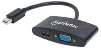 Manhattan Mini DisplayPort 1.2 to HDMI or VGA Adapter Cable (2-in-1) - 25cm - Black - Passive - Male to Female - HDMI 4K@30Hz - VGA@60Hz - Note: Only One Port can be used at a time - Equivalent to MDP2HDVGA - Lifetime Warranty - Blister - 0.25 m - Mini Di