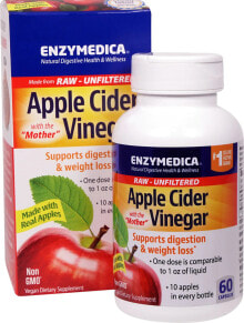 Жиросжигатели Enzymedica Apple Cider Vinegar with the "Mother" Яблочный уксус для пищеварительного здоровья и хорошего самочувствия 60 капсул