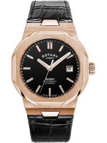 Мужские наручные часы с черным кожаным ремешком Rotary GS05414/04 Regent automatic 40mm 10ATM