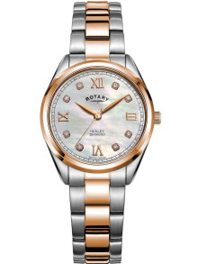 Женские наручные кварцевые часы ROTARY 8 бриллиантовых часовых меток и римские цифры четвертьчасовых меток добавляют элемент неоспоримого гламура, в то время как 3-линковый двухцветный браслет из розового золота PVD из нержавеющей стали. Мерцающий белый п