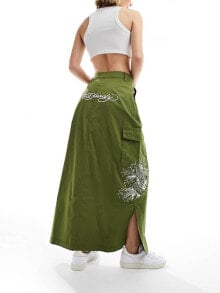 Купить женские юбки Ed Hardy: Ed Hardy midi cargo with koi wave embroidered skirt