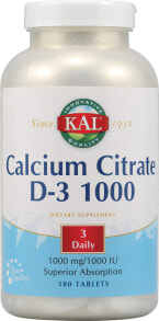 Кальций kal Calcium Citrate D-3 1000 Цитрат кальция 1000 мг + Витамин D3 1000 МЕ 180 таблеток