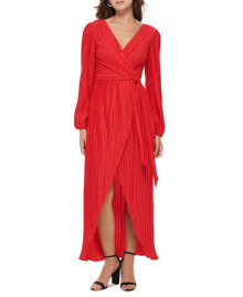 GUESS women's Pleated Woven Faux-Wrap V-Neck Maxi Dress