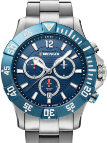 Мужские наручные часы с серебряным браслетом Wenger 01.0643.119 Seaforce diver-chronograph 43mm 20ATM