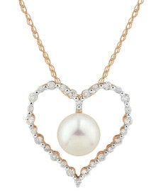 Купить ювелирные кулоны и подвески Honora: Honora cultured Freshwater Pearl & Diamond (3/8 ct. t.w.) Heart 18" Pendant Necklace in 14k Gold