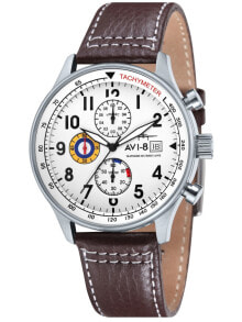 Мужские наручные часы с коричневым кожаным ремешком AVI-8 AV-4011-01 Hawker Hurricane Chronograph 43mm 5 ATM