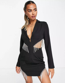 Band Of Stars premium fringed diamante mini blazer dress in black купить в интернет-магазине