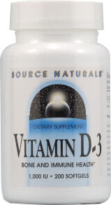 Витамин D Source Naturals Vitamin D-3  Витамин D-3 для прочности костей и поддержки иммунной системы 1000 МЕ 200 гелевых капсул