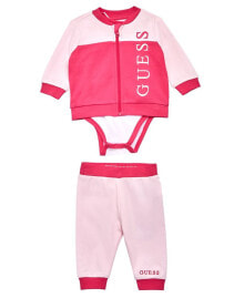 GUESS baby Girls Interlock Puff Paint Triangle Logo Bodysuit, Sweatshirt and Joggers, 3 Piece Set