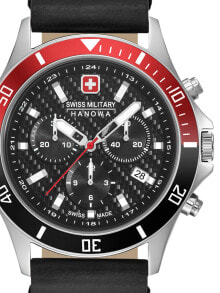 Мужские наручные часы с ремешком Мужские наручные часы с черным кожаным ремешком Swiss Military Hanowa 06-4337.04.007.36 Flagship Racer chrono 42 mm 10ATM