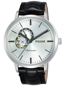 Мужские наручные часы с ремешком Мужские наручные часы с черным кожаным ремешком Pulsar P9A005X1 Automatic  Mens 42mm 5ATM