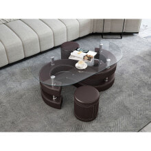 Simplie Fun 3 Pieces Coffee Table Set, Oval 10mm/0.39 Thick Tempered Glass Table And 2 Leather Stools