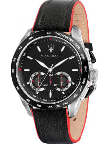 Мужские наручные часы с ремешком Мужские наручные часы с черным кожаным ремешком Maserati R8871612028 Traguardo chronograph 45mm 10ATM