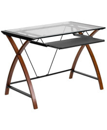 EMMA+OLIVER glass Computer Desk-Pull-Out Keyboard Tray & Crisscross Frame