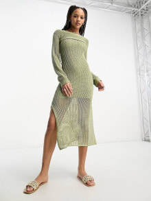 Женские повседневные платья stradivarius 2in1 crochet maxi dress in khaki  