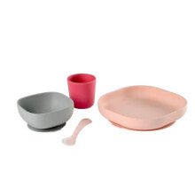 Посуда для малышей силиконовый набор для кормления BEABA. 4 предмета : Тарелка с присоской, миска с присоской, стакан и  ложечка.