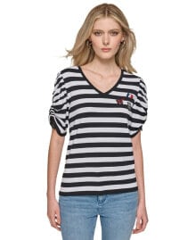 Women's Ruched-Sleeve Striped Top купить онлайн