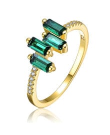 Купить кольца и перстни Genevive: Sterling Silver Teens/Young Adults 14K Gold Plated and Emerald Cubic Zirconia Modern Ring