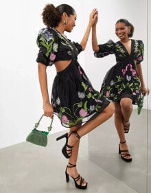 ASOS EDITION organza short sleeve cut out mini dress with floral embroidery in black купить в интернет-магазине