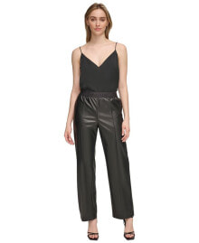 Calvin Klein women's Logo-Waist Faux Leather Pull-On Pants