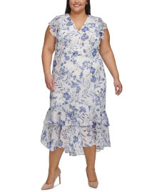 Tommy Hilfiger plus Size Floral-Print Flutter-Sleeve Midi Dress