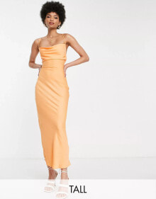 Купить женские вечерние платья In The Style Tall: In The Style Tall exclusive satin cowl neck midi dress in orange