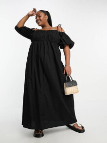 Женские повседневные платья aSOS DESIGN Curve off shoulder cotton maxi dress with ruched bust detail in black