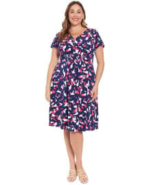 London Times plus Size Printed Smocked-Front Dress