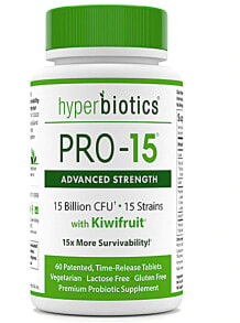 Пребиотики и пробиотики Hyperbiotics PRO-15 Advanced Strength Probiotics Пробиотики для поддержки пищеварения  15 штаммов 15 млрд КОЕ 60 таблеток со вкусом киви