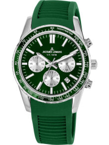 Мужские наручные часы с зеленым силиконовым ремешком Jacques Lemans 1-2059D Liverpool chrono 39mm 10ATM