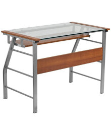EMMA+OLIVER glass Computer Desk With Pull-Out Keyboard Tray And Bowed Front Frame