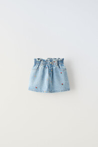 Denim skirt with embroidered strawberries