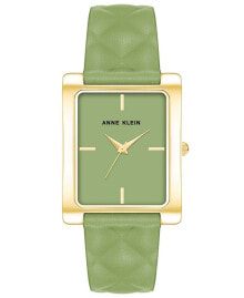 Anne Klein women's Three Hand Quartz Rectangular Gold-Tone Alloy and Green Genuine Leather Strap Watch, 32mm