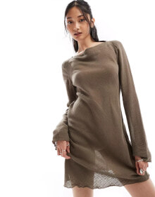 Купить коричневые женские мини-платья Weekday: Weekday Ginko linen blend long sleeve mini dress in brown