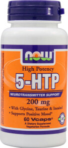 Витамины и БАДы для нервной системы Now Foods 5-HTP  5-гидрокситриптофан двойной силы с глицином, таурином и инозитолом для поддержания настроения 200 мг 60 растительных капсул