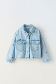 Denim overshirt with embroidered strawberries