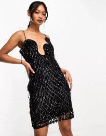 ASOS DESIGN embellished lattice mini dress with fringing and wave neckline in black купить в интернет-магазине