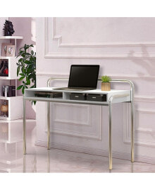 Simplie Fun office Desk with 2 Compartments and Tubular Metal Frame, White and Chrome