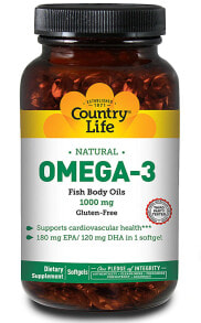 Рыбий жир и Омега 3, 6, 9 country Life Natural Omega-3  Омега-3 из рыбьего жира для сердечно-сосудистой системы 1000 мг 50 гелевых капсул