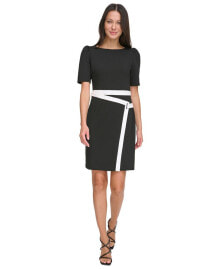 DKNY women's Contrast Puff-Sleeve Boat-Neck Dress