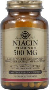 Витамины группы B Solgar Niacin Vitamin B3  Ниацин ( витамин B3) для энергетической и сердечно-сосудистой поддержки  500 мг 100 растительный капмул